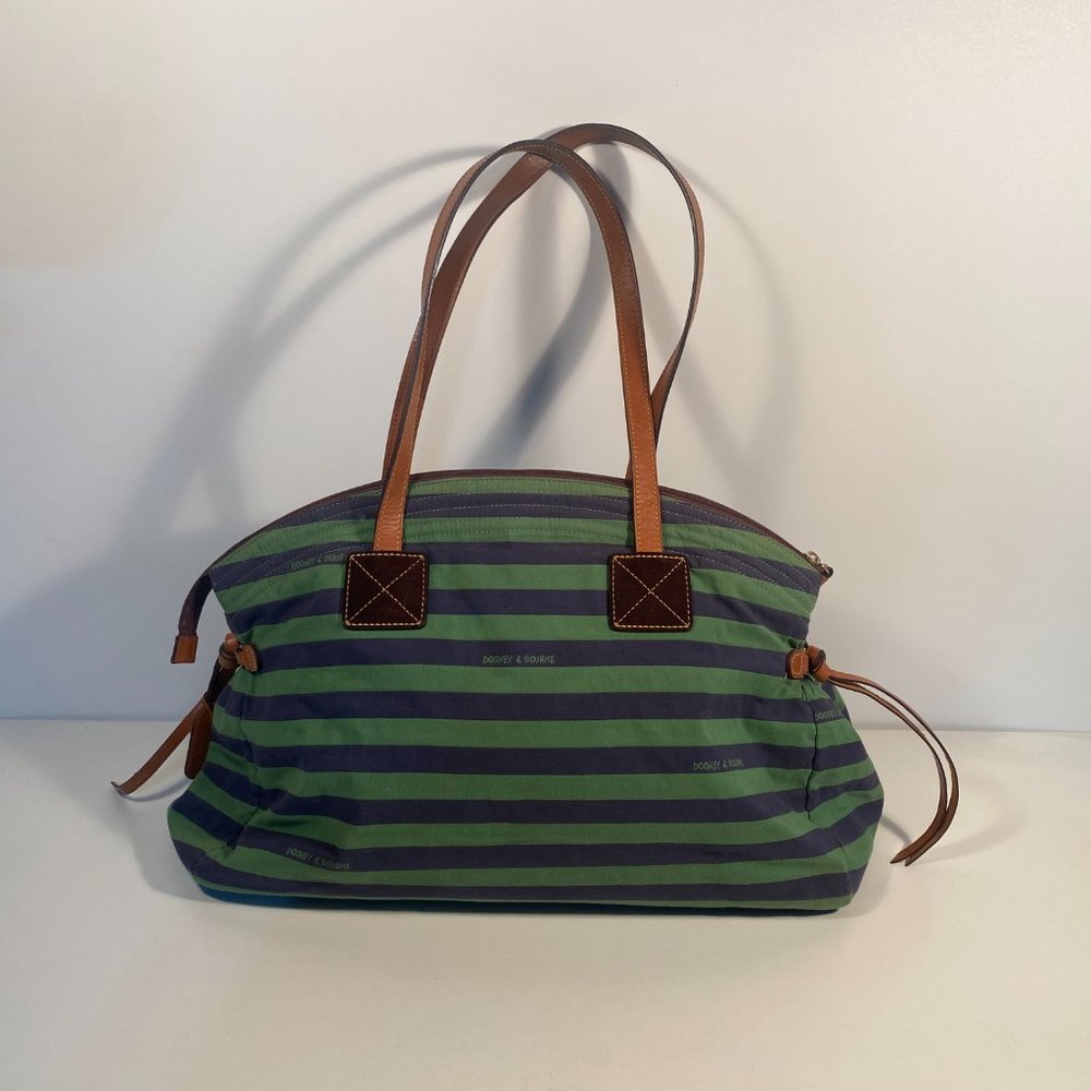 Dooney & Bourke Green Blue Striped Fabric Brown Leather Strap Large Tote Bag - Picture 4 of 10